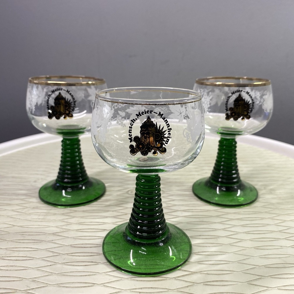 3 VTG German Schmitt Green Cordial‎ Wine Glasses Goblet Mensch, Meier-Mannheim